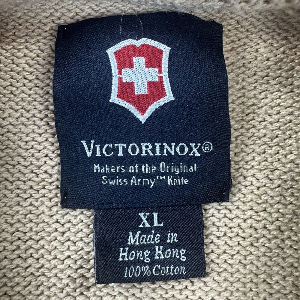 Victorinox Sweater Mens XL Beige Cotton V Neck Knit Long Sleeve Logo Swiss Army - Picture 3 of 7